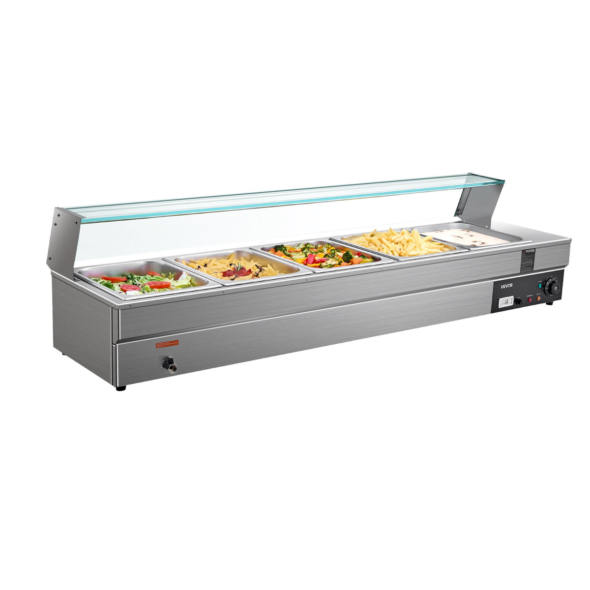 VEVOR komerciālais pārtikas sildītājs ar 5 nodalījumiem, 1500 W elektriska nerūsējošā tērauda Bain Marie bufetes iekārta ar stikla pārsegu un temperatūras regulēšanu 30–85 ℃, piemērota ēdināšanai, bufetēm, pasākumiem un restorāniem - ZEMLETES.LV