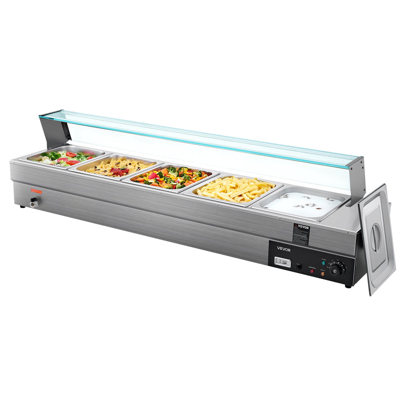 VEVOR komerciālais pārtikas sildītājs ar 5 nodalījumiem, 1500 W elektriska nerūsējošā tērauda Bain Marie bufetes iekārta ar stikla pārsegu un temperatūras regulēšanu 30–85 ℃, piemērota ēdināšanai, bufetēm, pasākumiem un restorāniem - ZEMLETES.LV