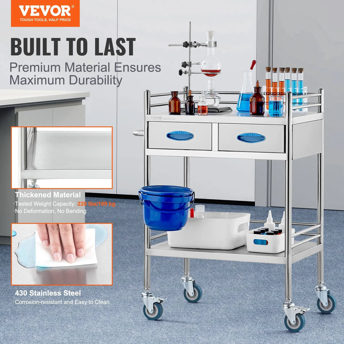 VEVOR 2-Tier Stainless Steel Laboratory Trolley with 2 Drawers, Bucket and Lockable Wheels