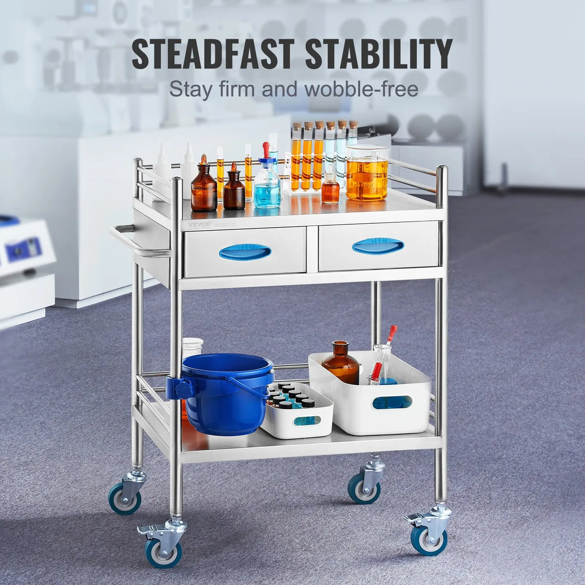 VEVOR 2-Tier Stainless Steel Laboratory Trolley with 2 Drawers, Bucket and Lockable Wheels