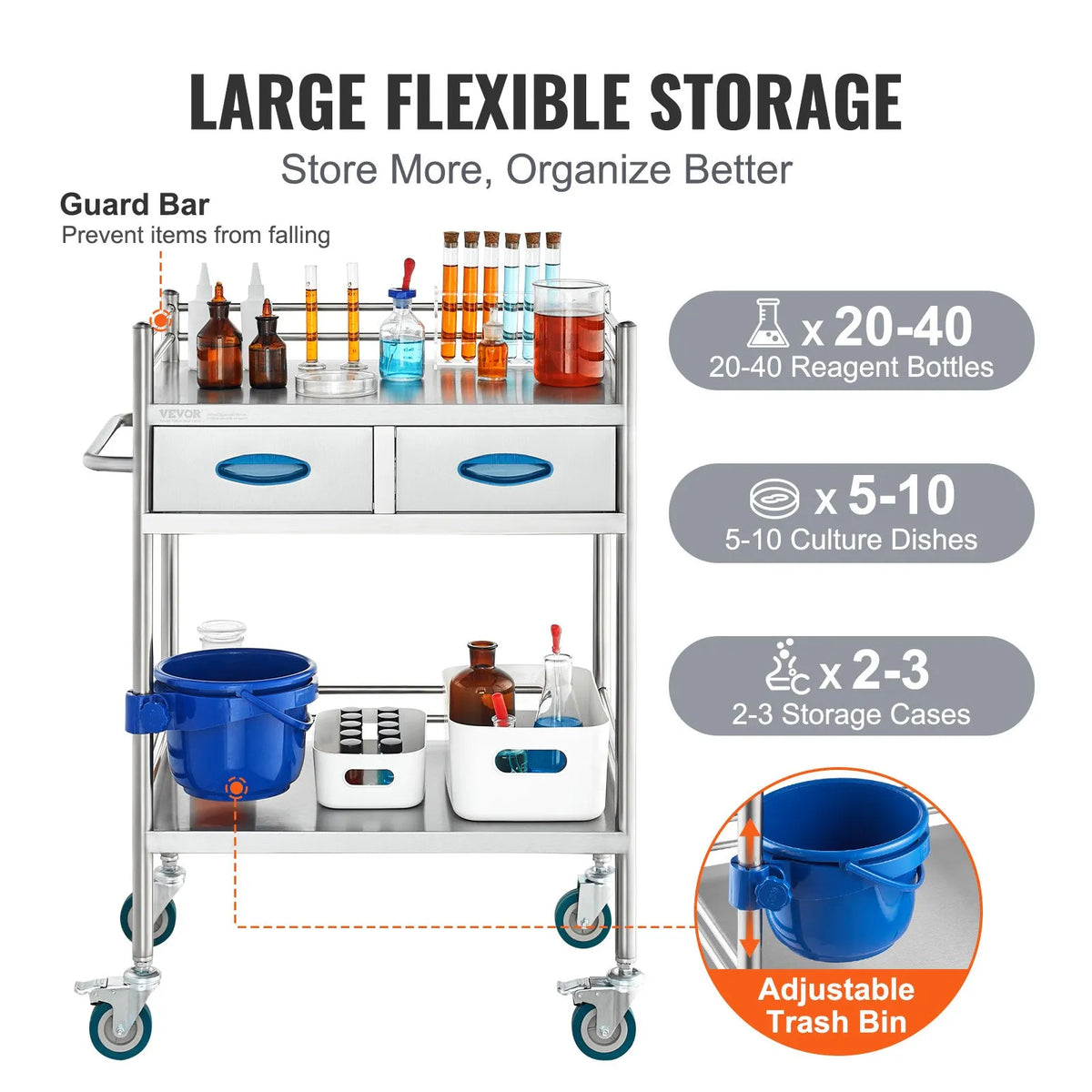 VEVOR 2-Tier Stainless Steel Laboratory Trolley with 2 Drawers, Bucket and Lockable Wheels