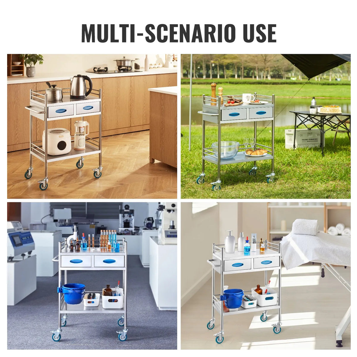 VEVOR 2-Tier Stainless Steel Laboratory Trolley with 2 Drawers, Bucket and Lockable Wheels