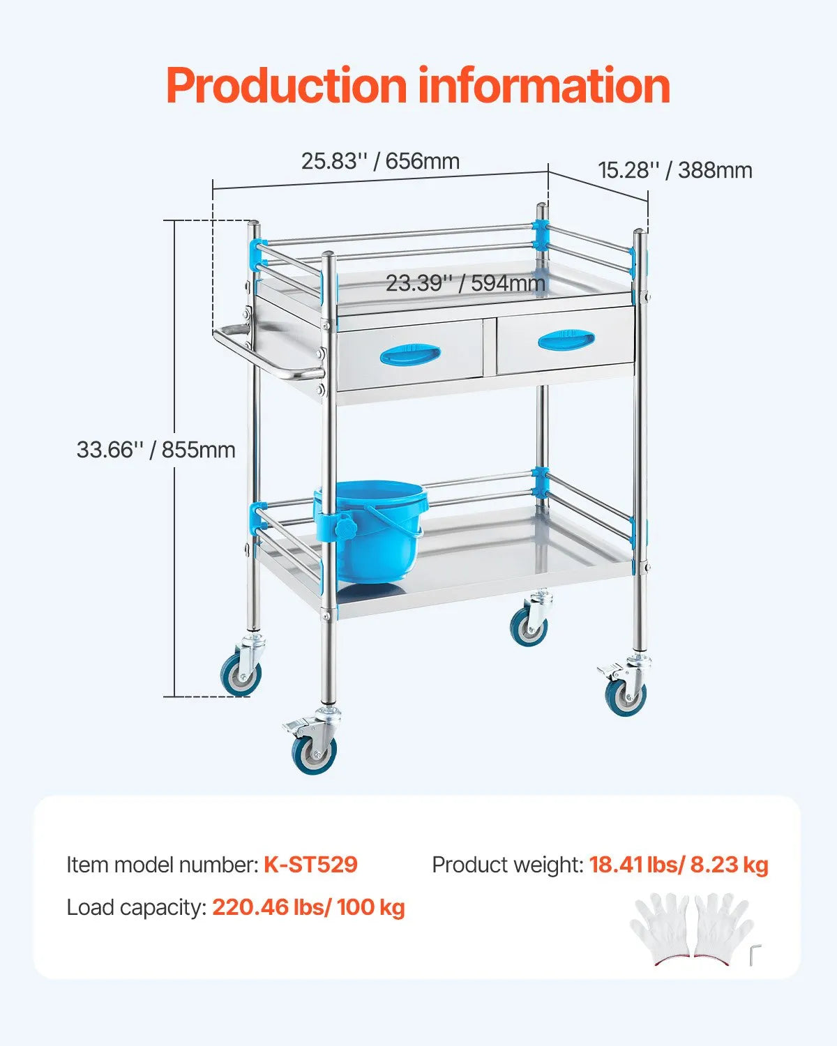 VEVOR 2-Tier Stainless Steel Laboratory Trolley with 2 Drawers, Bucket and Lockable Wheels