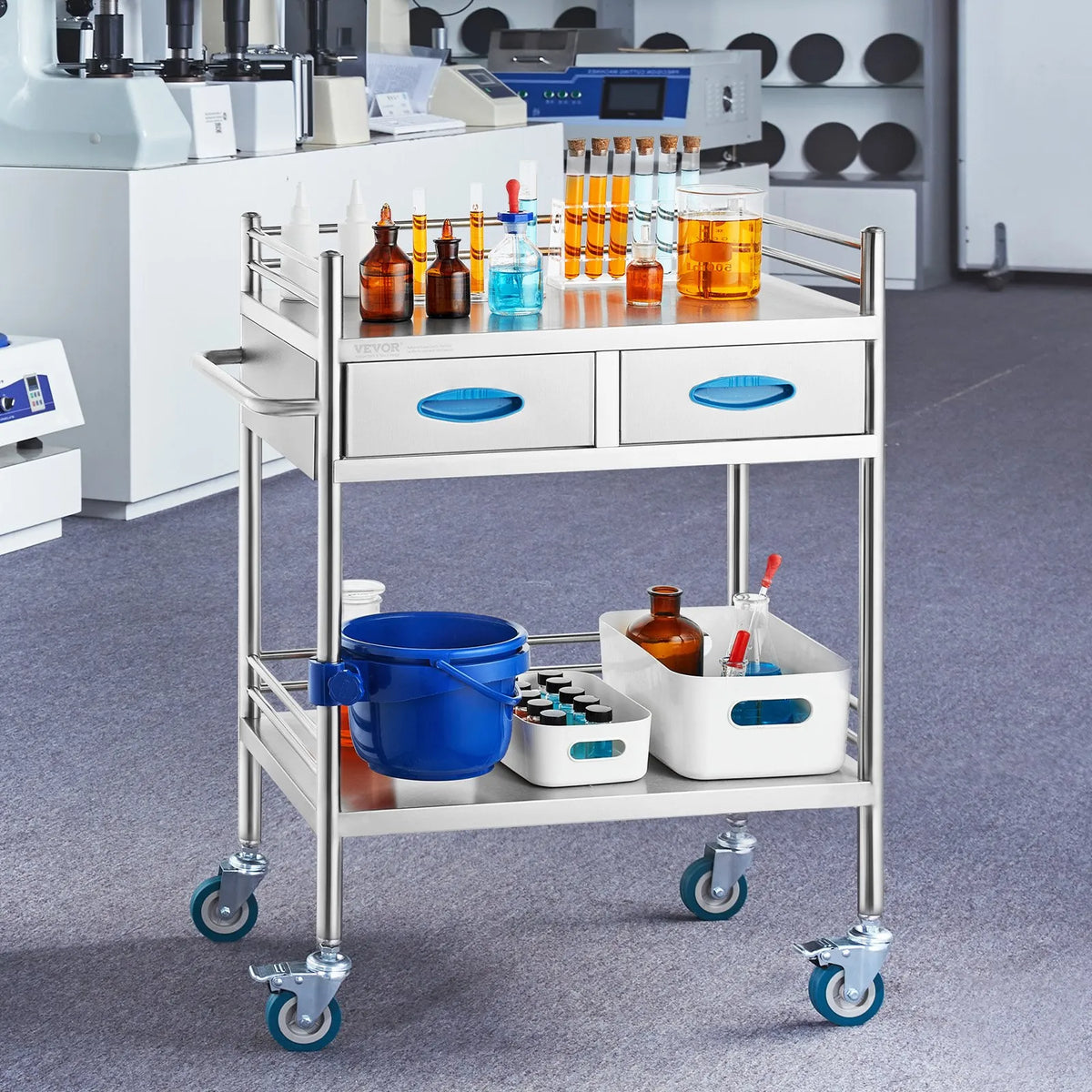 VEVOR 2-Tier Stainless Steel Laboratory Trolley with 2 Drawers, Bucket and Lockable Wheels