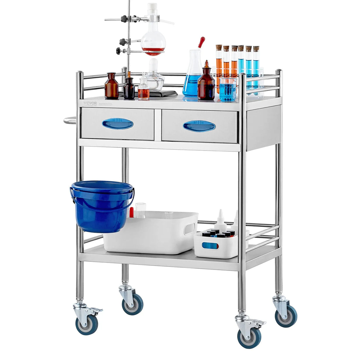 VEVOR 2-Tier Stainless Steel Laboratory Trolley with 2 Drawers, Bucket and Lockable Wheels