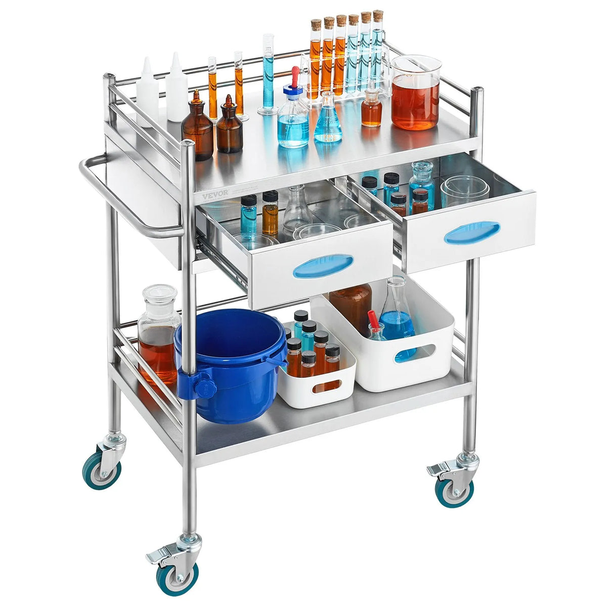 VEVOR 2-Tier Stainless Steel Laboratory Trolley with 2 Drawers, Bucket and Lockable Wheels