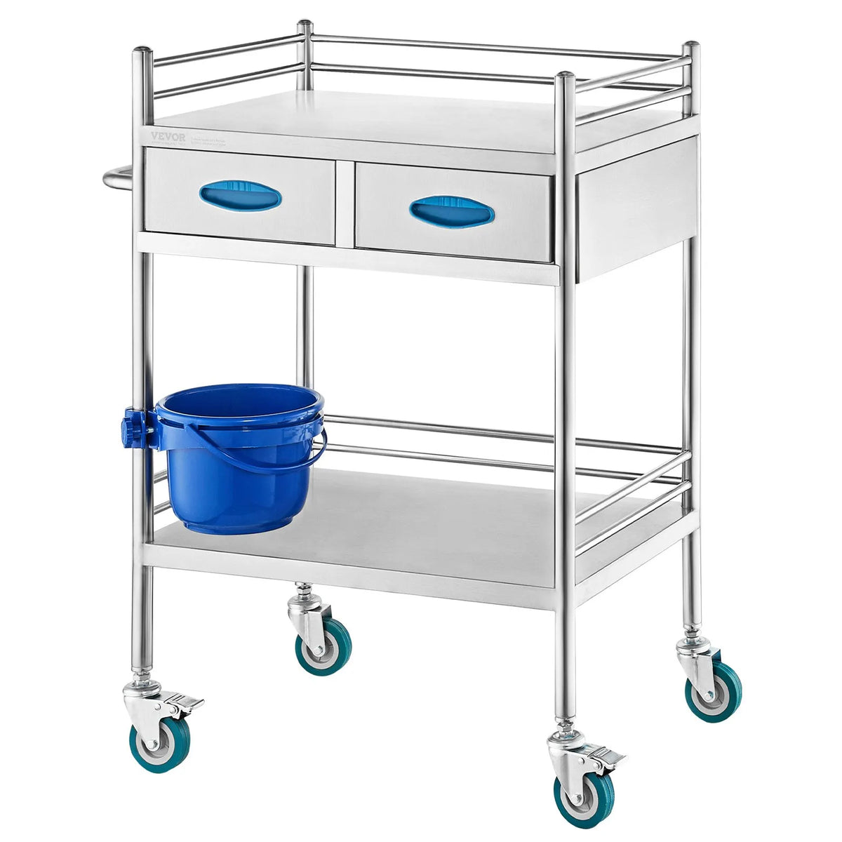 VEVOR 2-Tier Stainless Steel Laboratory Trolley with 2 Drawers, Bucket and Lockable Wheels