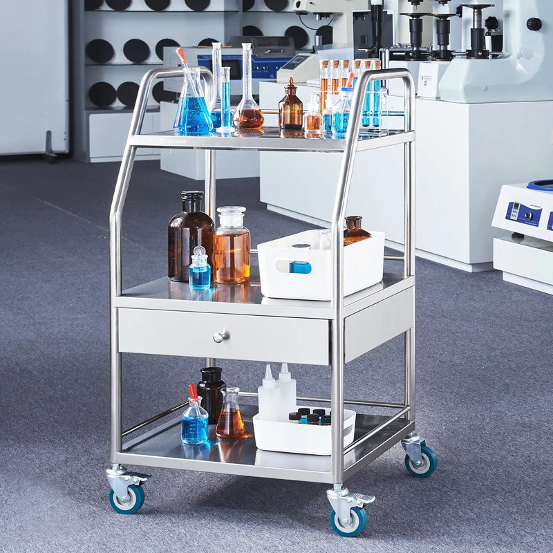 VEVOR 3 līmeņu nerūsējošā tērauda laboratorijas ratiņi ar atvilktni un bloķējamiem riteņiem, medicīniskie ratiņi laboratorijām, slimnīcām un zobārstniecībai