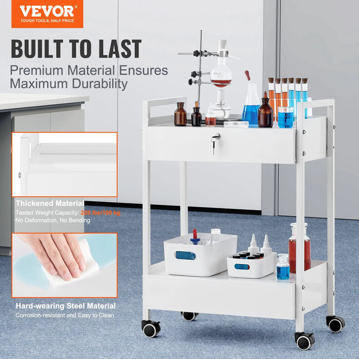 VEVOR 2-Tier Stainless Steel Laboratory Trolley with 2 Drawers and Swivel Wheels, White