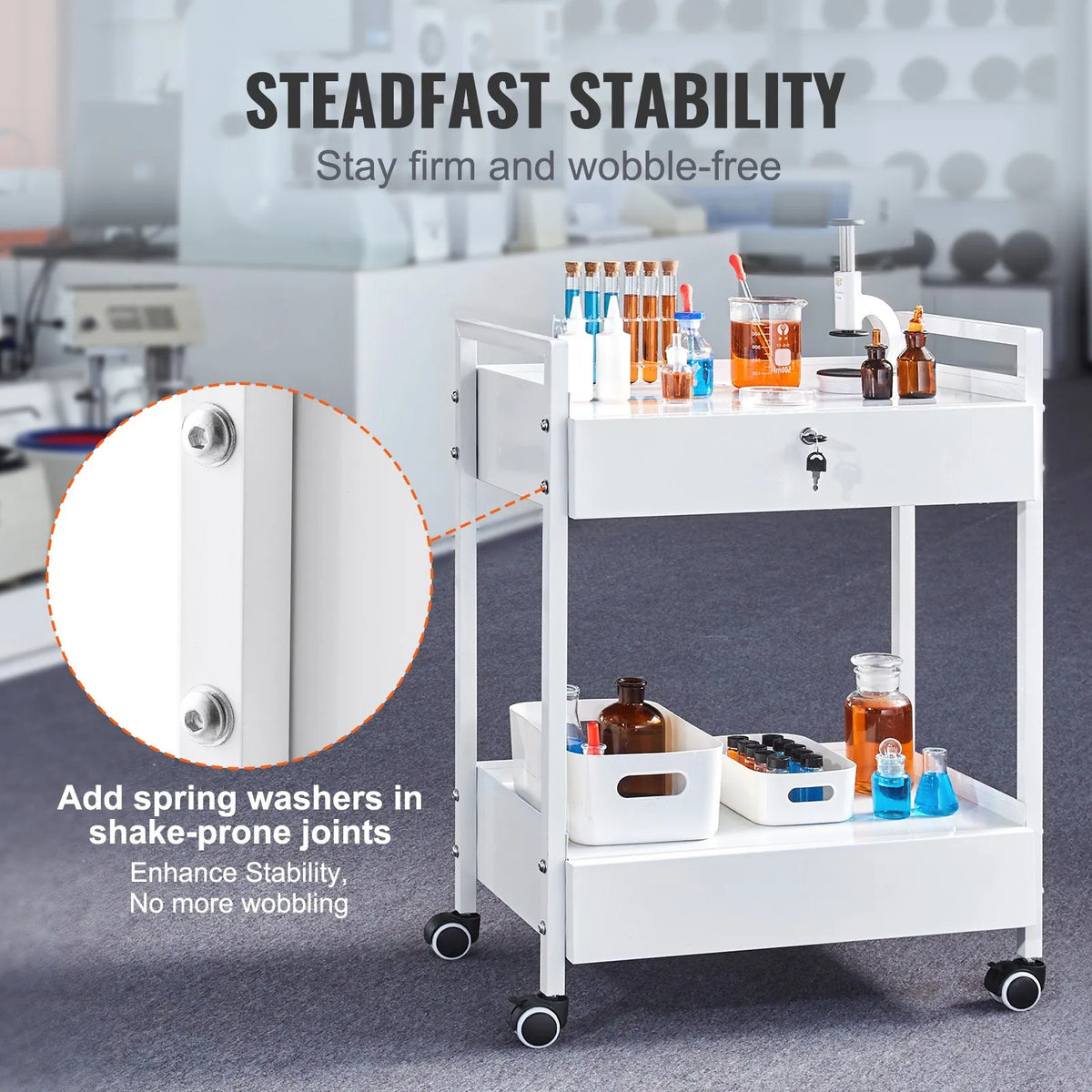 VEVOR 2-Tier Stainless Steel Laboratory Trolley with 2 Drawers and Swivel Wheels, White
