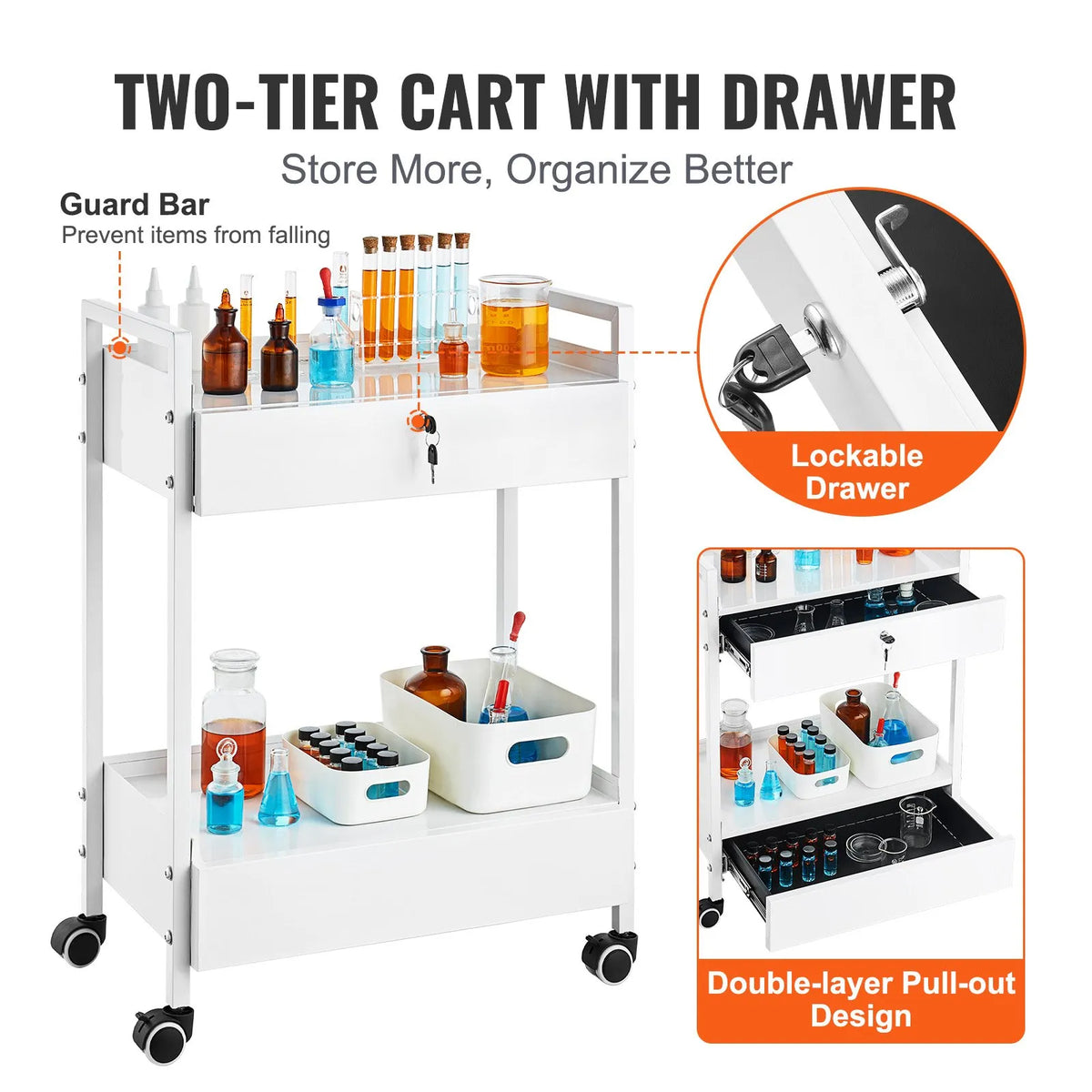 VEVOR 2-Tier Stainless Steel Laboratory Trolley with 2 Drawers and Swivel Wheels, White