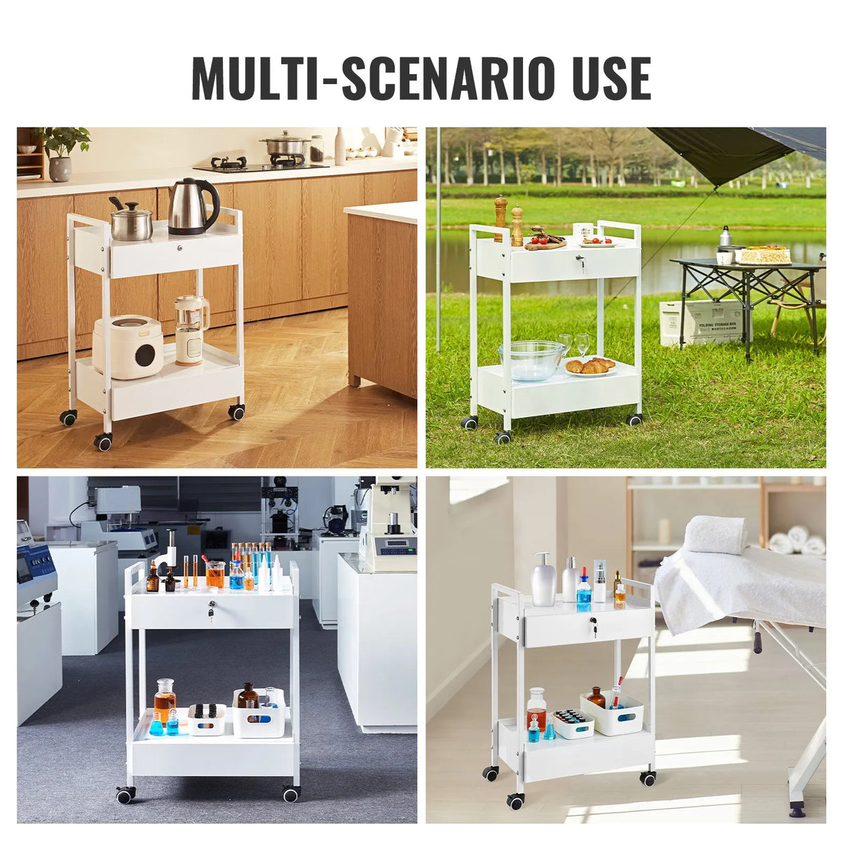 VEVOR 2-Tier Stainless Steel Laboratory Trolley with 2 Drawers and Swivel Wheels, White