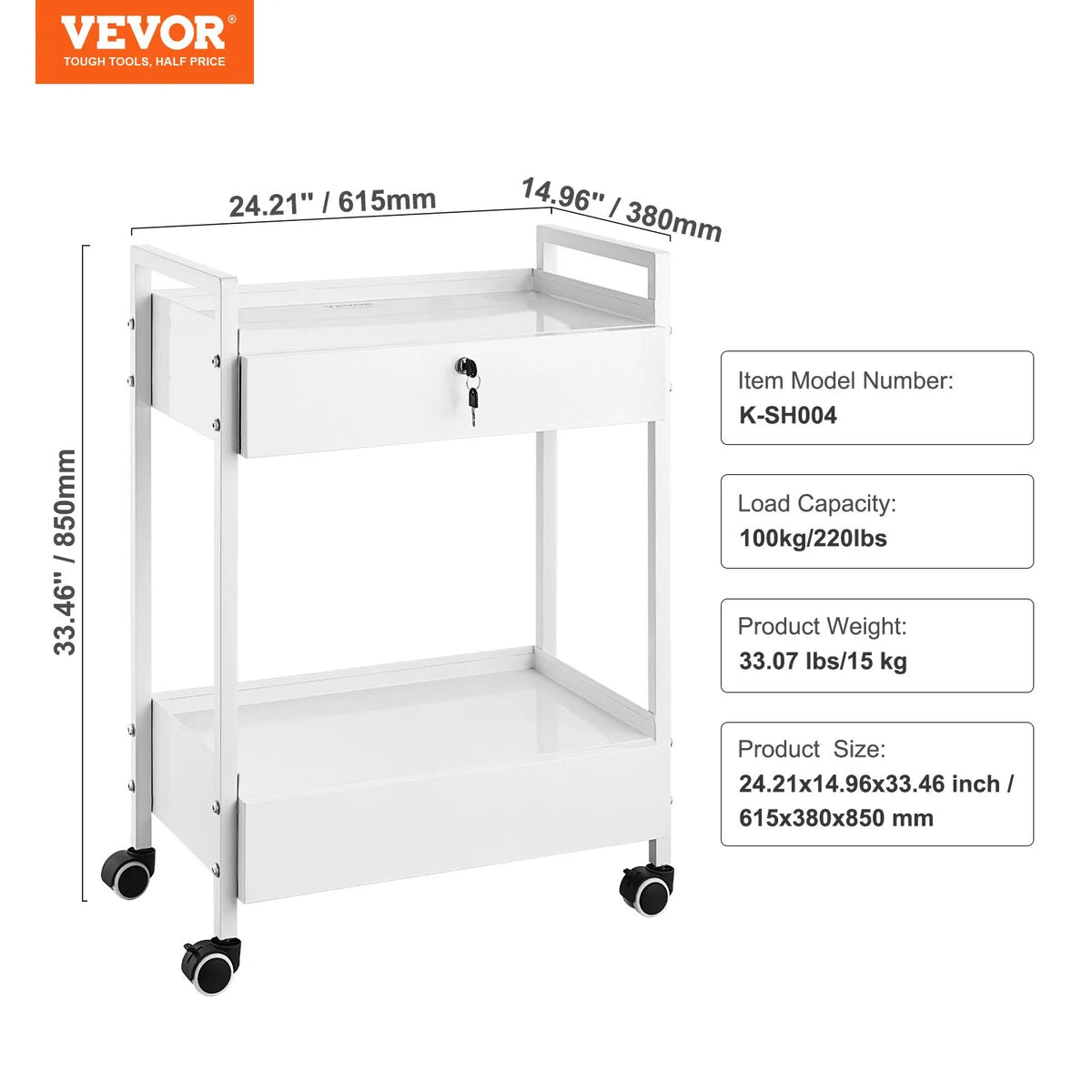 VEVOR 2-Tier Stainless Steel Laboratory Trolley with 2 Drawers and Swivel Wheels, White