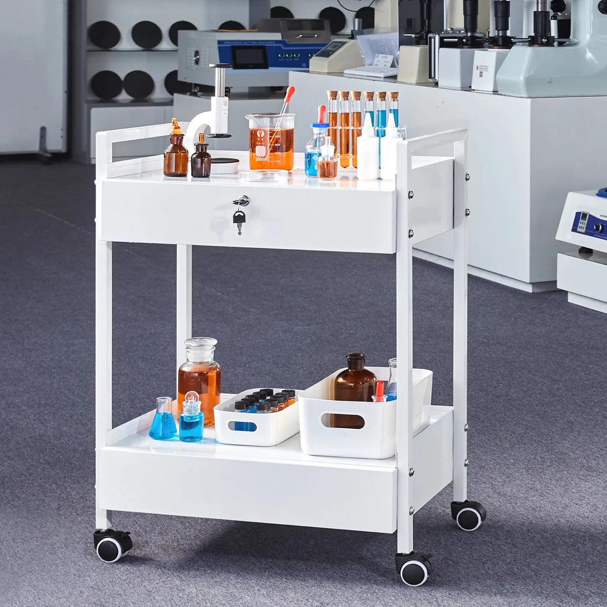 VEVOR 2-Tier Stainless Steel Laboratory Trolley with 2 Drawers and Swivel Wheels, White