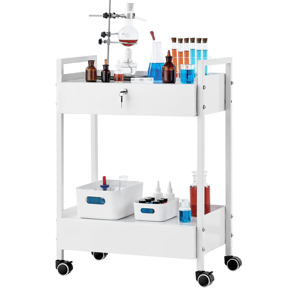 VEVOR 2-Tier Stainless Steel Laboratory Trolley with 2 Drawers and Swivel Wheels, White