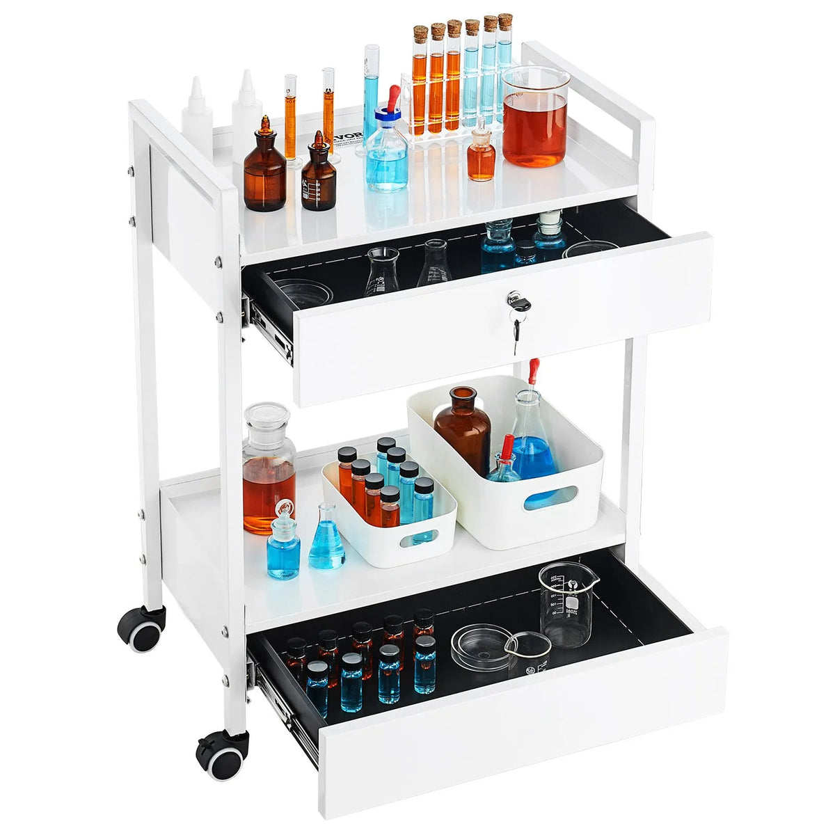 VEVOR 2-Tier Stainless Steel Laboratory Trolley with 2 Drawers and Swivel Wheels, White