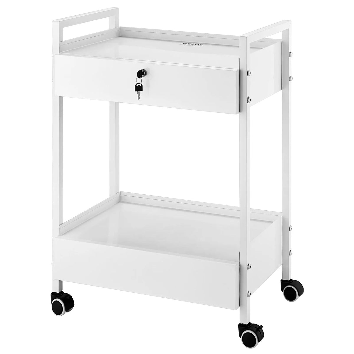 VEVOR 2-Tier Stainless Steel Laboratory Trolley with 2 Drawers and Swivel Wheels, White