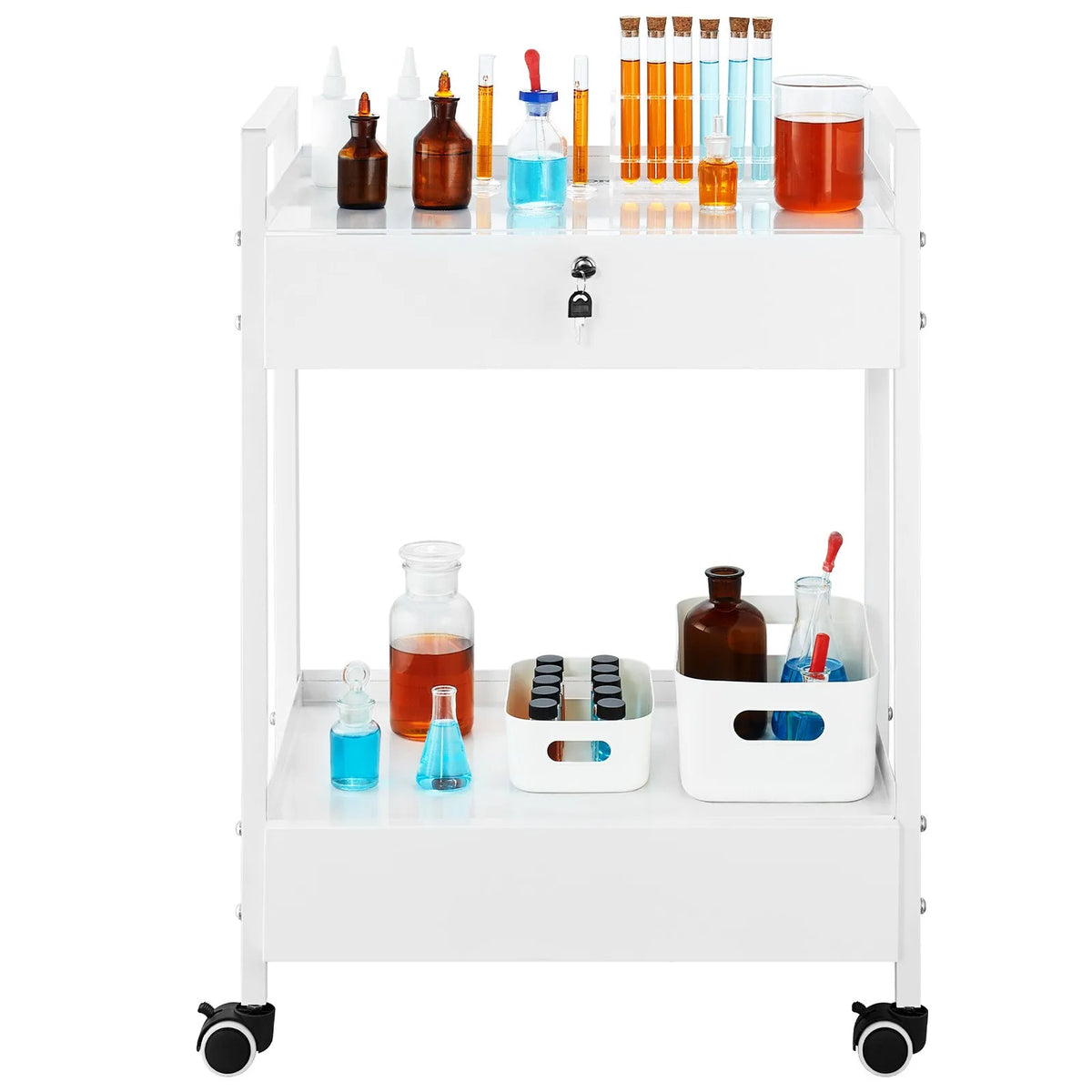 VEVOR 2-Tier Stainless Steel Laboratory Trolley with 2 Drawers and Swivel Wheels, White