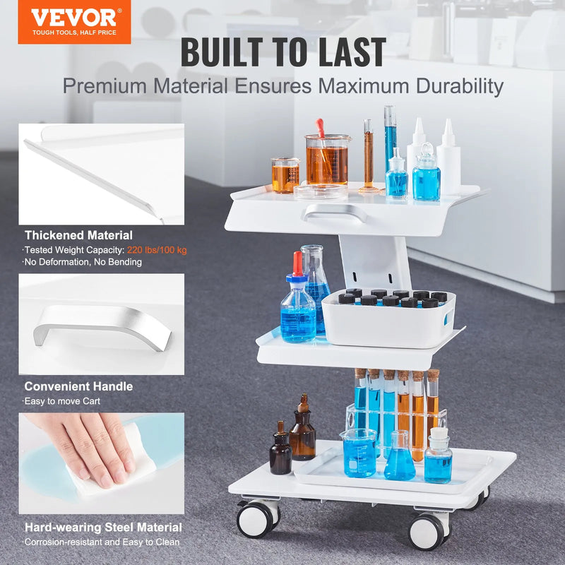 VEVOR 3 līmeņu laboratorijas ratiņi ar grozāmiem riteņiem, metāla mobilie ratiņi ar paplātēm, kravnesība 100 kg, laboratorijām, klīnikām un skaistumkopšanas saloniem