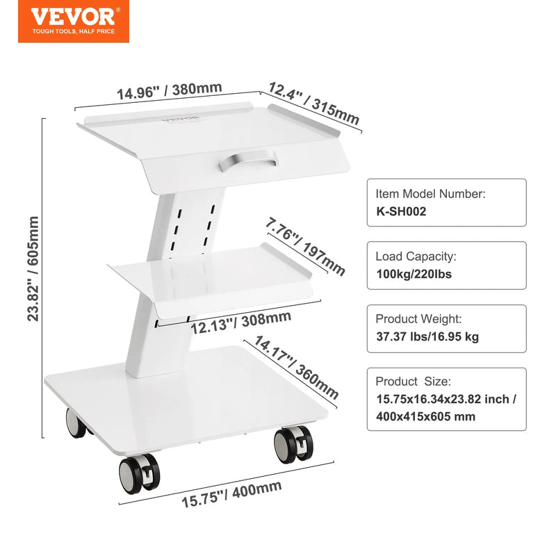 VEVOR 3 līmeņu laboratorijas ratiņi ar grozāmiem riteņiem, metāla mobilie ratiņi ar paplātēm, kravnesība 100 kg, laboratorijām, klīnikām un skaistumkopšanas saloniem