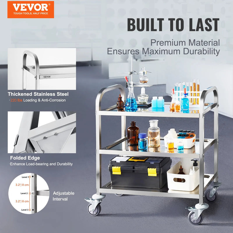 VEVOR 3 līmeņu nerūsējošā tērauda laboratorijas ratiņi ar bloķējamiem universālajiem riteņiem, kravnesība 181,4 kg, medicīniskie ratiņi laboratorijām, klīnikām, virtuvēm un saloniem