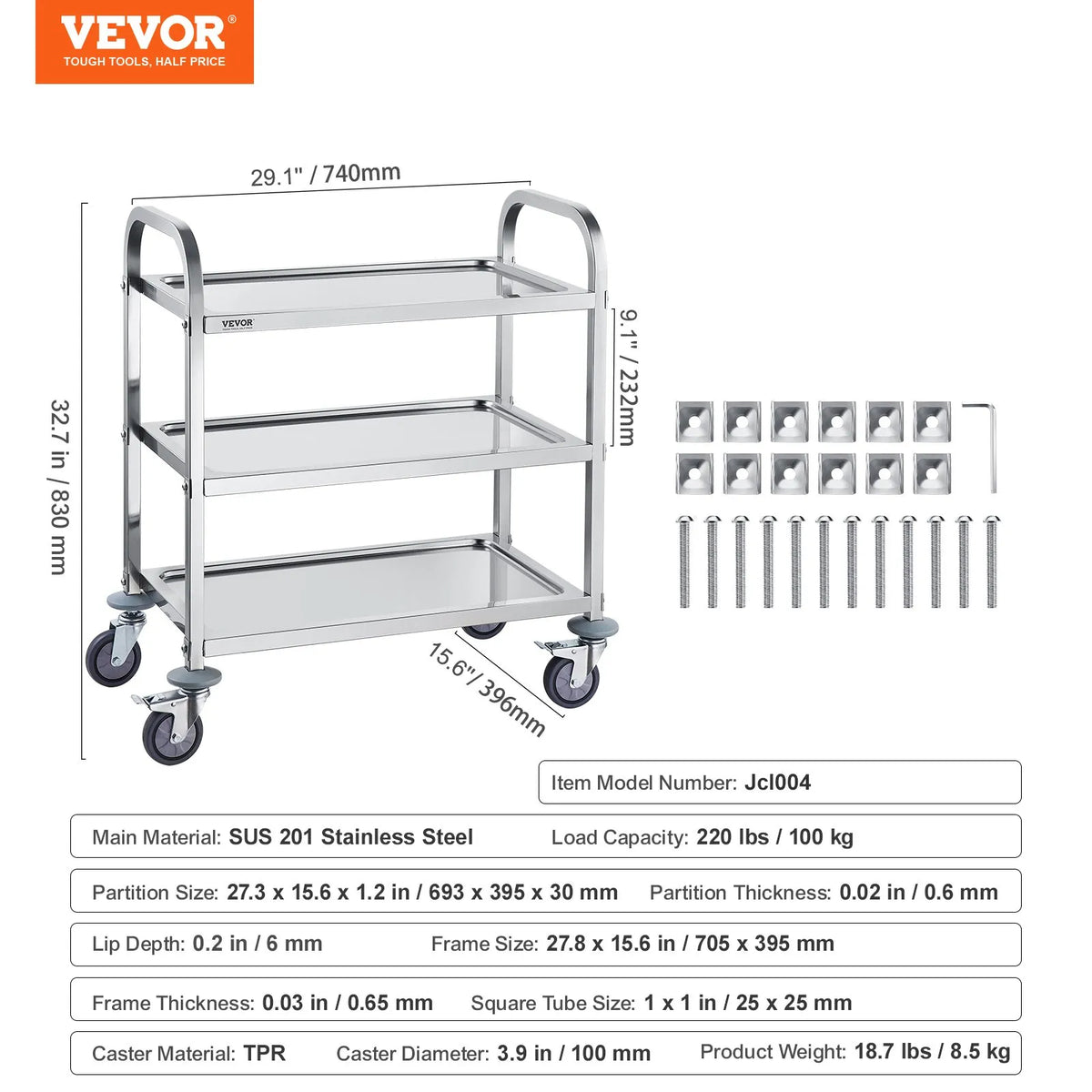 VEVOR 3-tasandiline roostevabast terasest laborikäru lukustatavate ratastega, kuni 181,4 kg