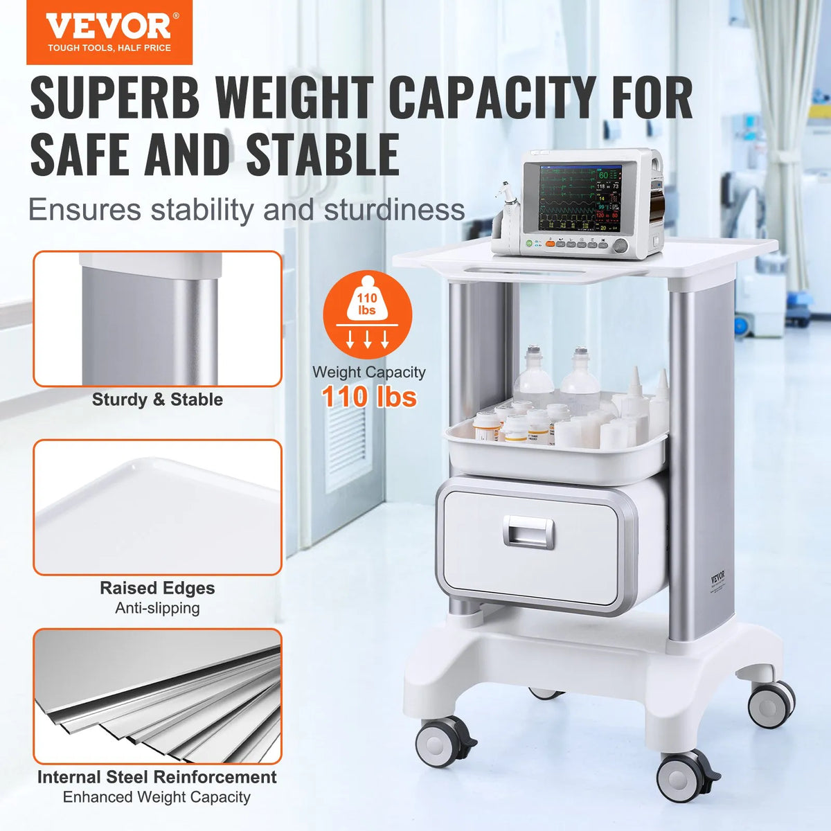 VEVOR 2-Tier ABS Laboratory Trolley with 1 Drawer, Top Shelf and 4 Quiet Wheels, White