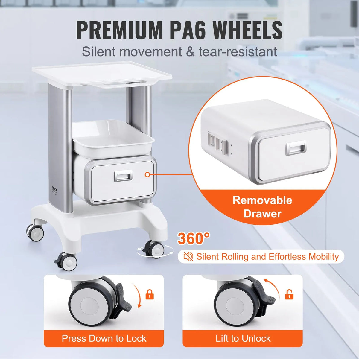 VEVOR 2-Tier ABS Laboratory Trolley with 1 Drawer, Top Shelf and 4 Quiet Wheels, White