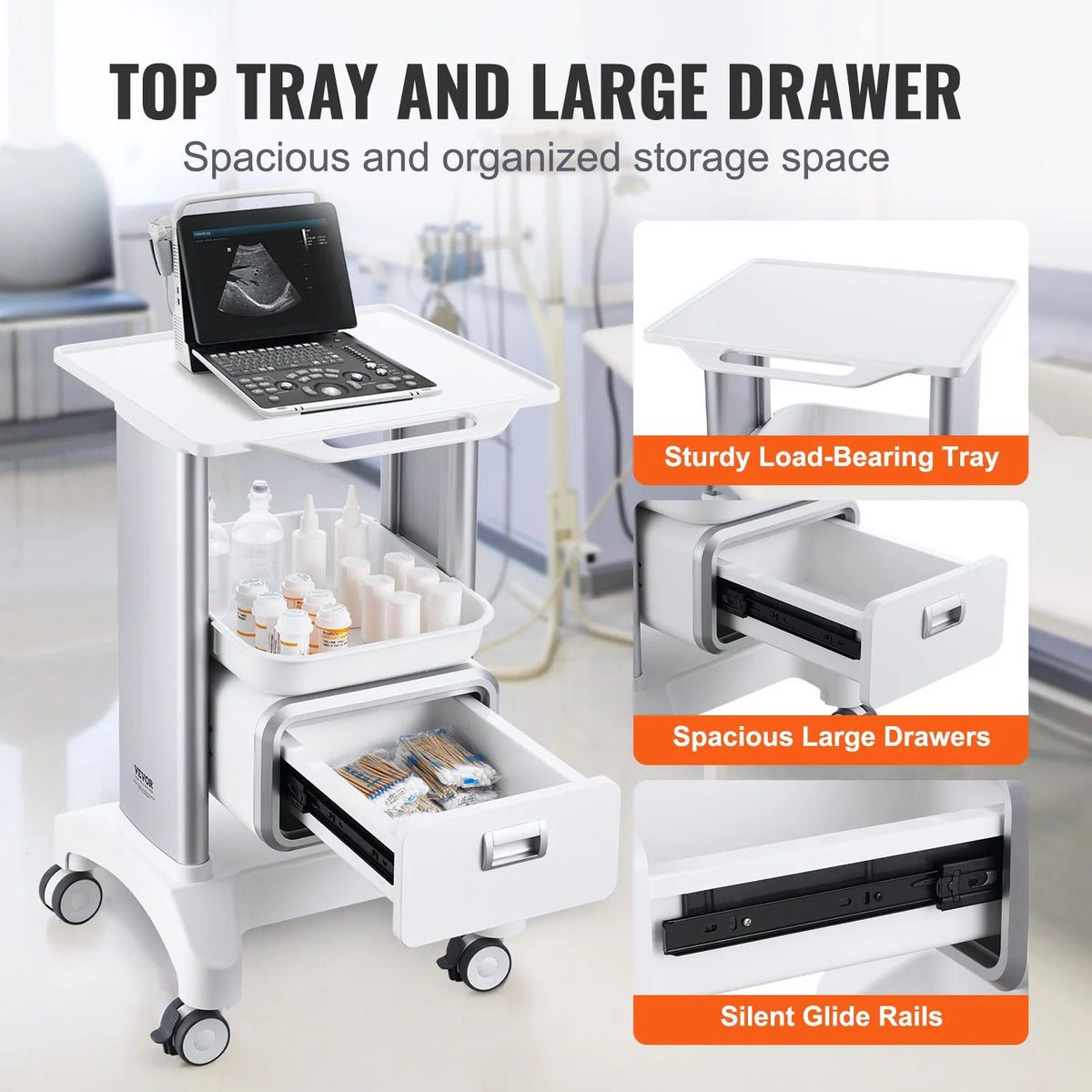 VEVOR 2-Tier ABS Laboratory Trolley with 1 Drawer, Top Shelf and 4 Quiet Wheels, White