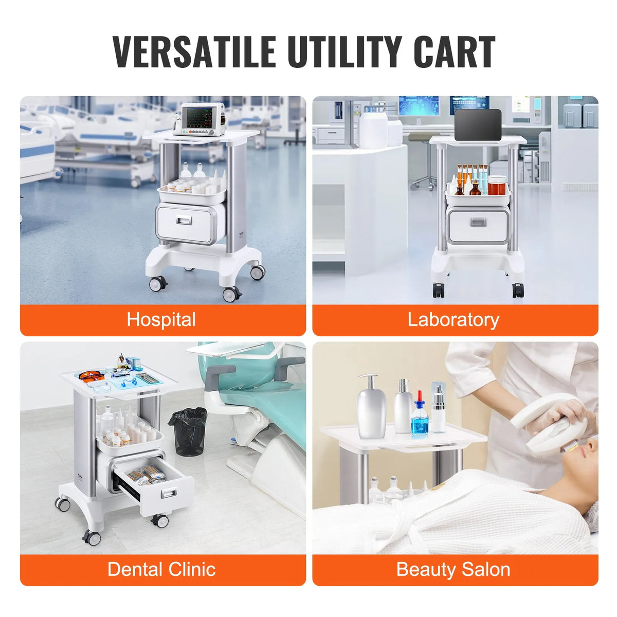 VEVOR 2-Tier ABS Laboratory Trolley with 1 Drawer, Top Shelf and 4 Quiet Wheels, White