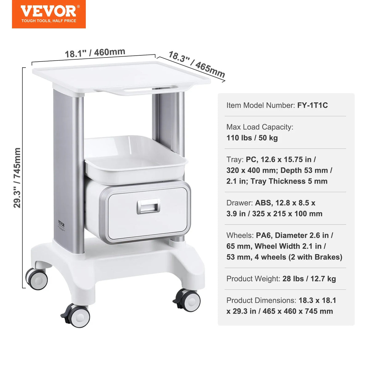 VEVOR 2-Tier ABS Laboratory Trolley with 1 Drawer, Top Shelf and 4 Quiet Wheels, White