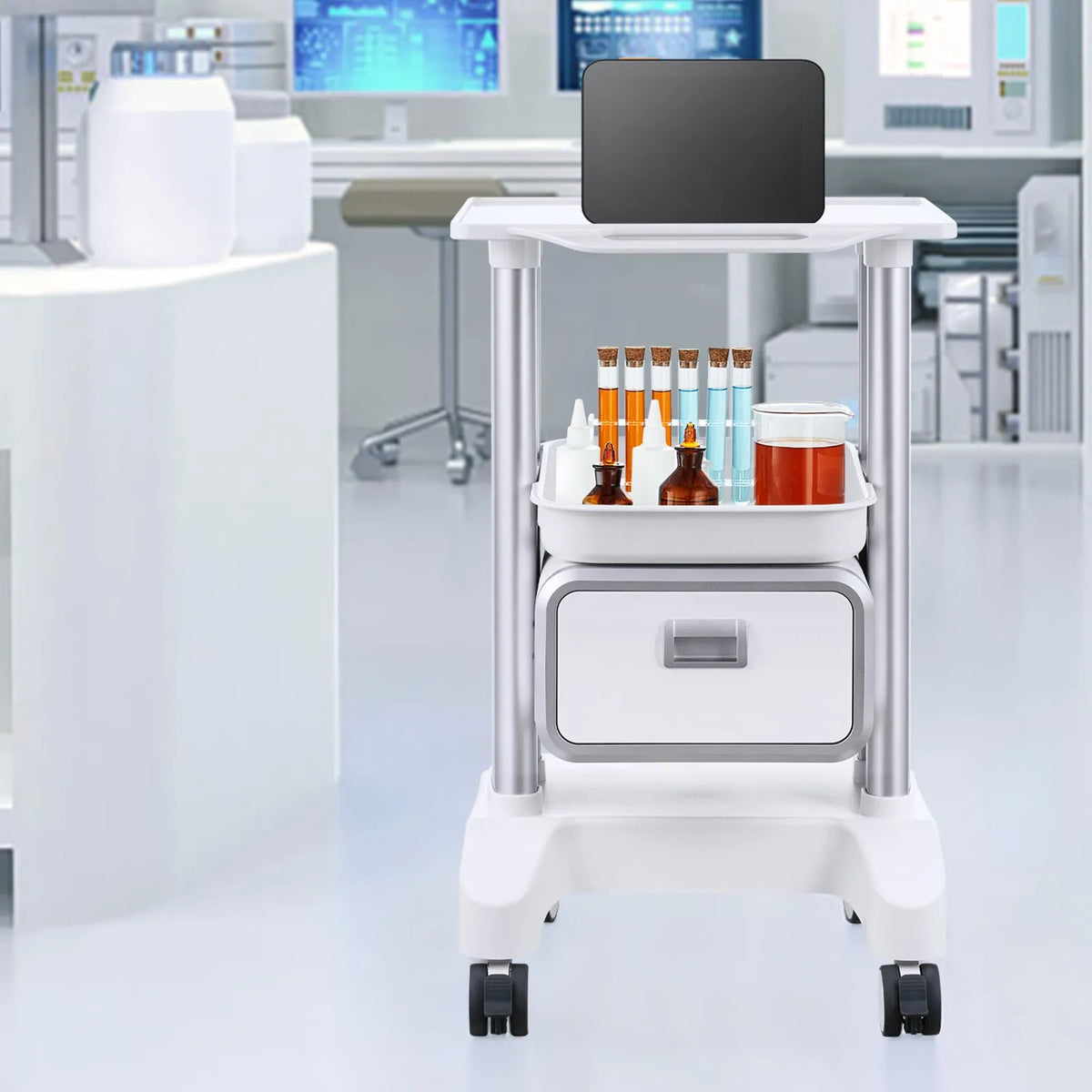 VEVOR 2-Tier ABS Laboratory Trolley with 1 Drawer, Top Shelf and 4 Quiet Wheels, White