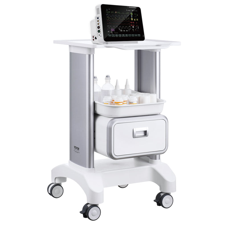 VEVOR 2 līmeņu laboratorijas ratiņi ar 1 atvilktni, augšējo paplāti un 4 klusiem riteņiem, pārvietojami medicīnas ratiņi no ABS, laboratorijām, klīnikām, slimnīcām un saloniem, balti