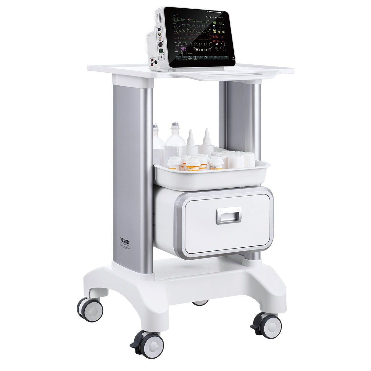 VEVOR 2-Tier ABS Laboratory Trolley with 1 Drawer, Top Shelf and 4 Quiet Wheels, White