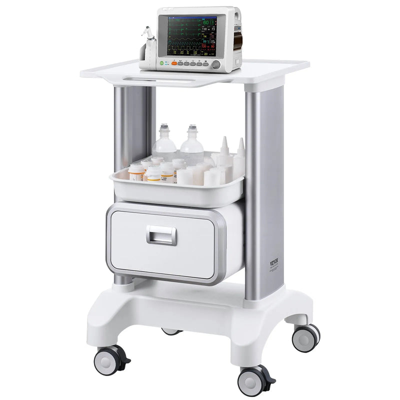 VEVOR 2 līmeņu laboratorijas ratiņi ar 1 atvilktni, augšējo paplāti un 4 klusiem riteņiem, pārvietojami medicīnas ratiņi no ABS, laboratorijām, klīnikām, slimnīcām un saloniem, balti