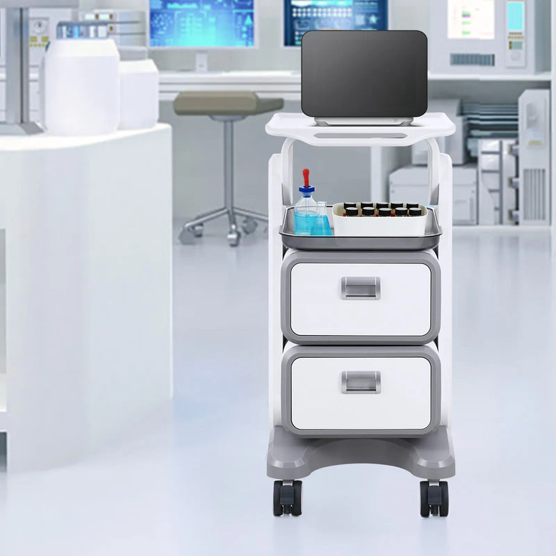 VEVOR 3 līmeņu laboratorijas ratiņi ar 2 atvilktnēm un augšējo paplāti, mobili ABS medicīniskie ratiņi ar 4 klusiem riteņiem laboratorijām, klīnikām, slimnīcām un saloniem, balti