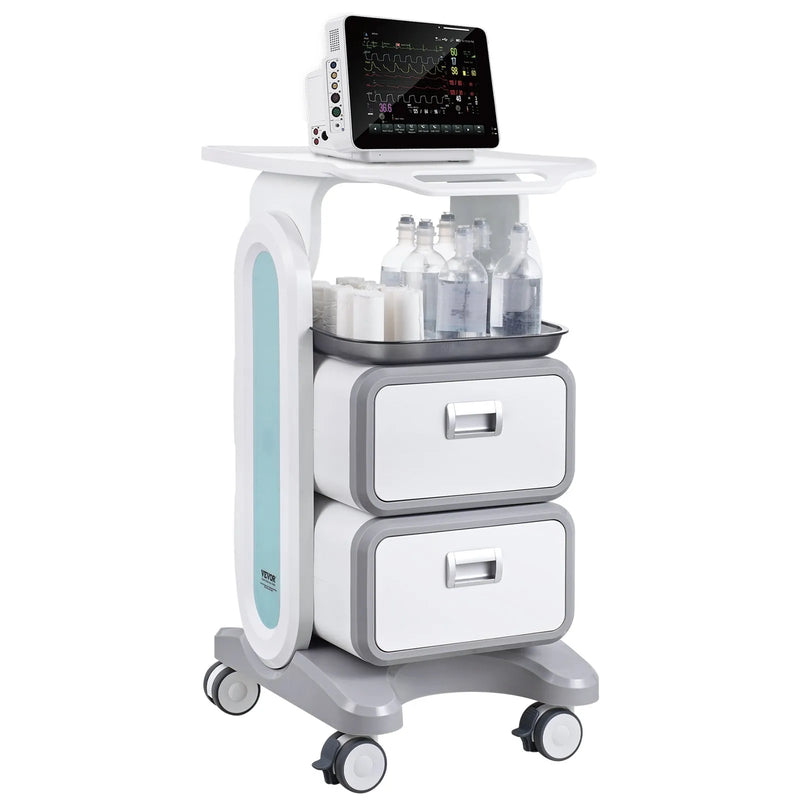 VEVOR 3 līmeņu laboratorijas ratiņi ar 2 atvilktnēm un augšējo paplāti, mobili ABS medicīniskie ratiņi ar 4 klusiem riteņiem laboratorijām, klīnikām, slimnīcām un saloniem, balti