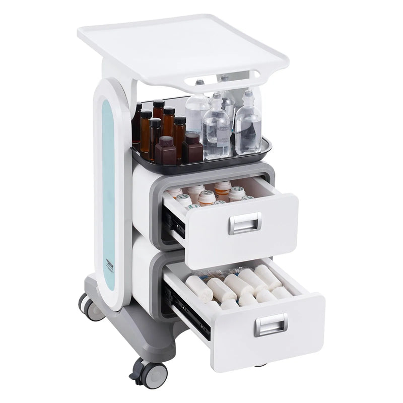VEVOR 3 līmeņu laboratorijas ratiņi ar 2 atvilktnēm un augšējo paplāti, mobili ABS medicīniskie ratiņi ar 4 klusiem riteņiem laboratorijām, klīnikām, slimnīcām un saloniem, balti
