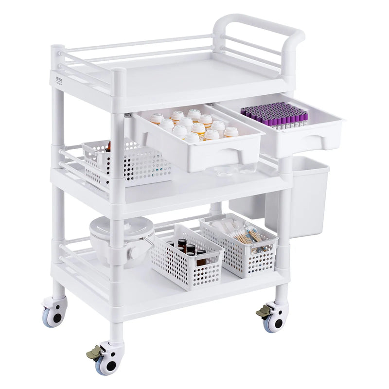 VEVOR 3 līmeņu laboratorijas ratiņi ar 3 paplātēm, 4 klusiem riteņiem un 3 atkritumu tvertnēm, pārvietojami medicīnas ratiņi no PP, laboratorijām, klīnikām, slimnīcām un saloniem, balti