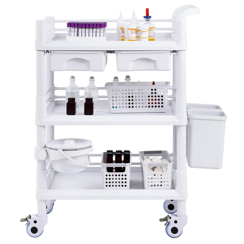 VEVOR 3 līmeņu laboratorijas ratiņi ar 3 paplātēm, 4 klusiem riteņiem un 3 atkritumu tvertnēm, pārvietojami medicīnas ratiņi no PP, laboratorijām, klīnikām, slimnīcām un saloniem, balti