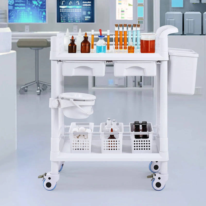 VEVOR 2 līmeņu laboratorijas ratiņi ar 2 paplātēm, 2 atvilktnēm, 4 klusiem riteņiem un 3 atkritumu tvertnēm, mobili PP medicīniskie ratiņi laboratorijām, klīnikām, slimnīcām un saloniem, balti