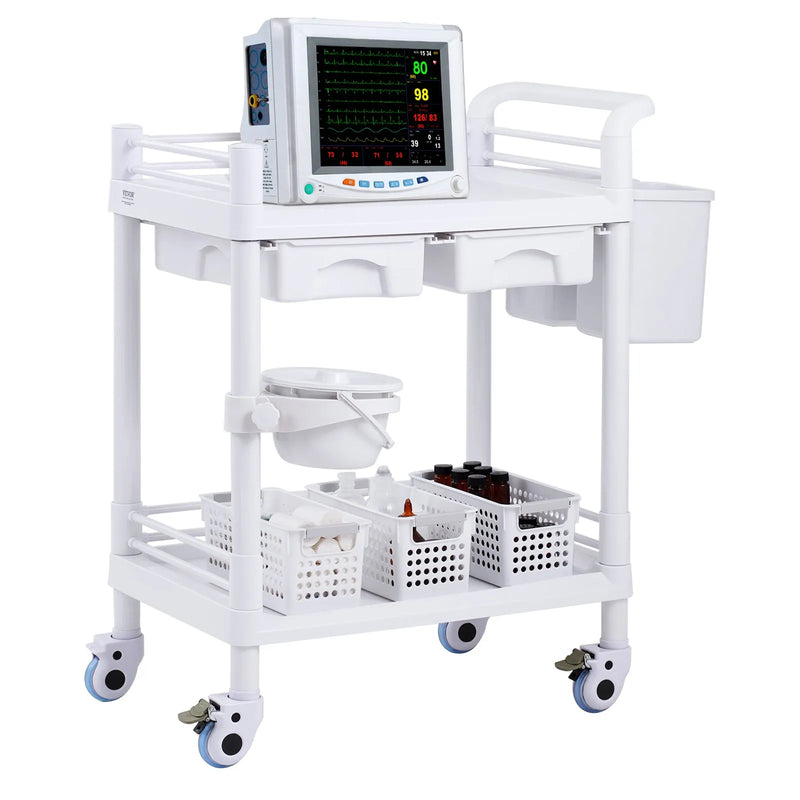 VEVOR 2 līmeņu laboratorijas ratiņi ar 2 paplātēm, 2 atvilktnēm, 4 klusiem riteņiem un 3 atkritumu tvertnēm, mobili PP medicīniskie ratiņi laboratorijām, klīnikām, slimnīcām un saloniem, balti