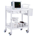 VEVOR 2 līmeņu laboratorijas ratiņi ar 2 paplātēm, 2 atvilktnēm, 4 klusiem riteņiem un 3 atkritumu tvertnēm, mobili PP medicīniskie ratiņi laboratorijām, klīnikām, slimnīcām un saloniem, balti