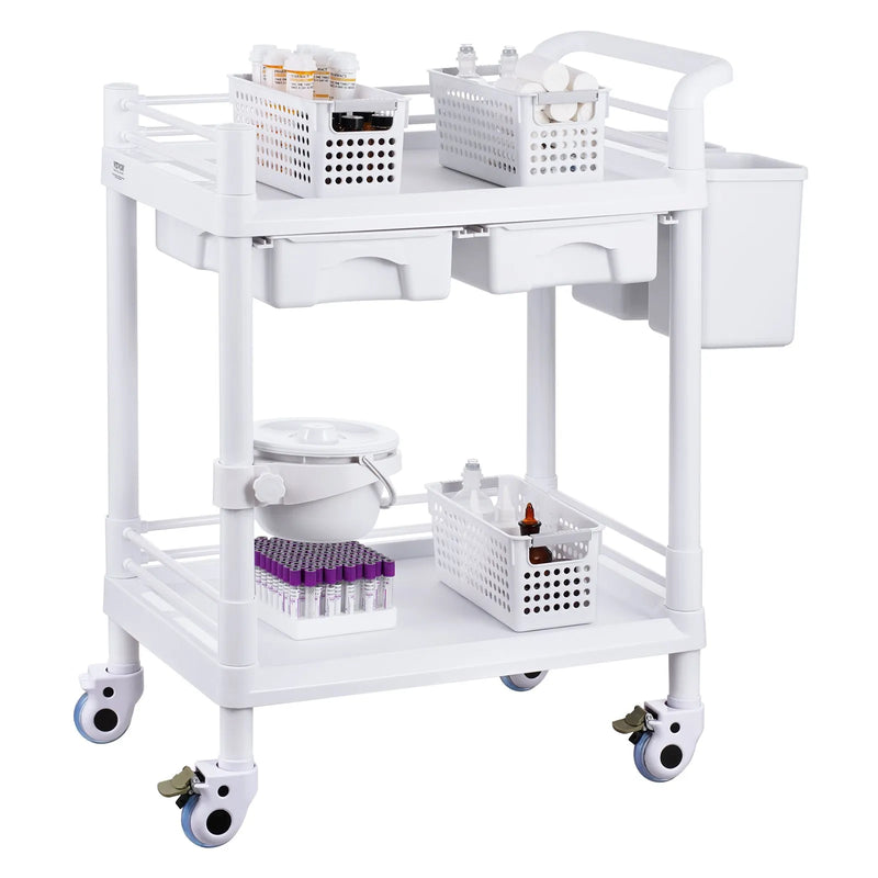 VEVOR 2 līmeņu laboratorijas ratiņi ar 2 paplātēm, 2 atvilktnēm, 4 klusiem riteņiem un 3 atkritumu tvertnēm, mobili PP medicīniskie ratiņi laboratorijām, klīnikām, slimnīcām un saloniem, balti