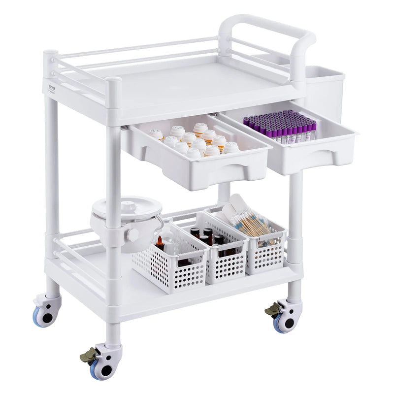 VEVOR 2 līmeņu laboratorijas ratiņi ar 2 paplātēm, 2 atvilktnēm, 4 klusiem riteņiem un 3 atkritumu tvertnēm, mobili PP medicīniskie ratiņi laboratorijām, klīnikām, slimnīcām un saloniem, balti