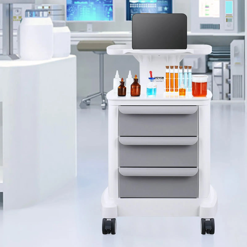 VEVOR 4 līmeņu laboratorijas ratiņi ar 3 atvilktnēm un 1 augšējo paplāti, pārvietojami medicīnas ratiņi no ABS materiāla ar 4 klusiem riteņiem, laboratorijām, klīnikām, slimnīcām un saloniem, balti