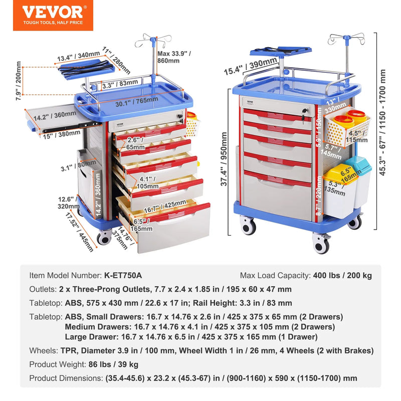VEVOR 5 līmeņu laboratorijas ratiņi ar 5 atvilktnēm, 4 klusiem riteņiem un 2 atkritumu tvertnēm, mobili PP medicīniskie ratiņi laboratorijām, klīnikām, slimnīcām un saloniem, zili