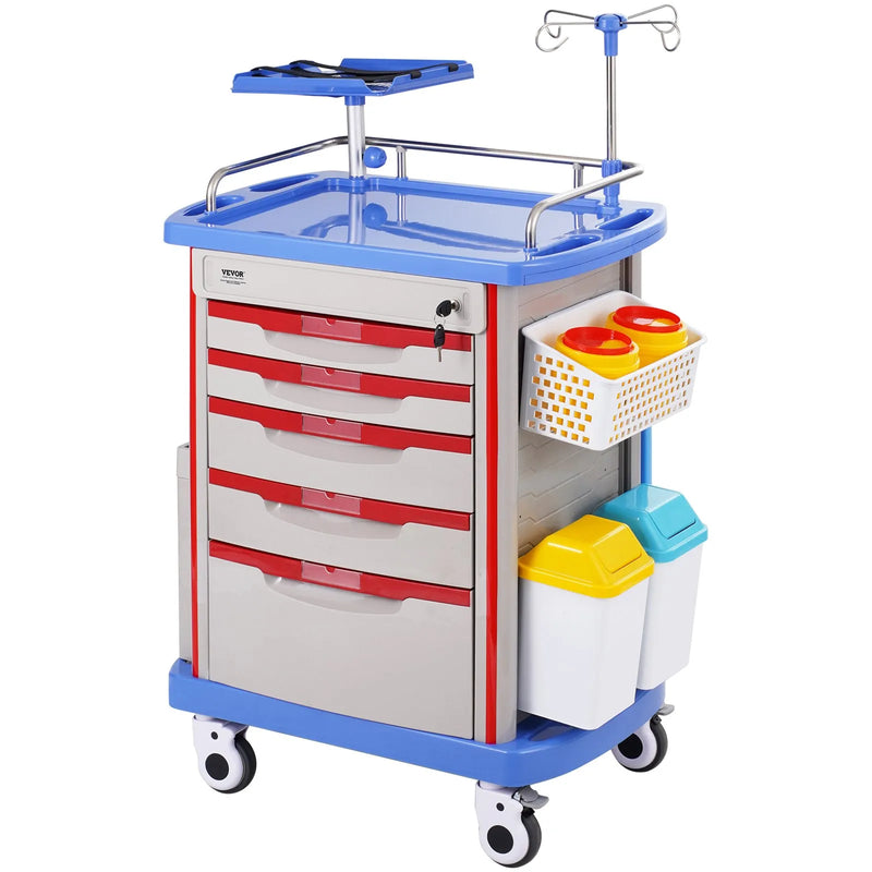 VEVOR 5 līmeņu laboratorijas ratiņi ar 5 atvilktnēm, 4 klusiem riteņiem un 2 atkritumu tvertnēm, mobili PP medicīniskie ratiņi laboratorijām, klīnikām, slimnīcām un saloniem, zili