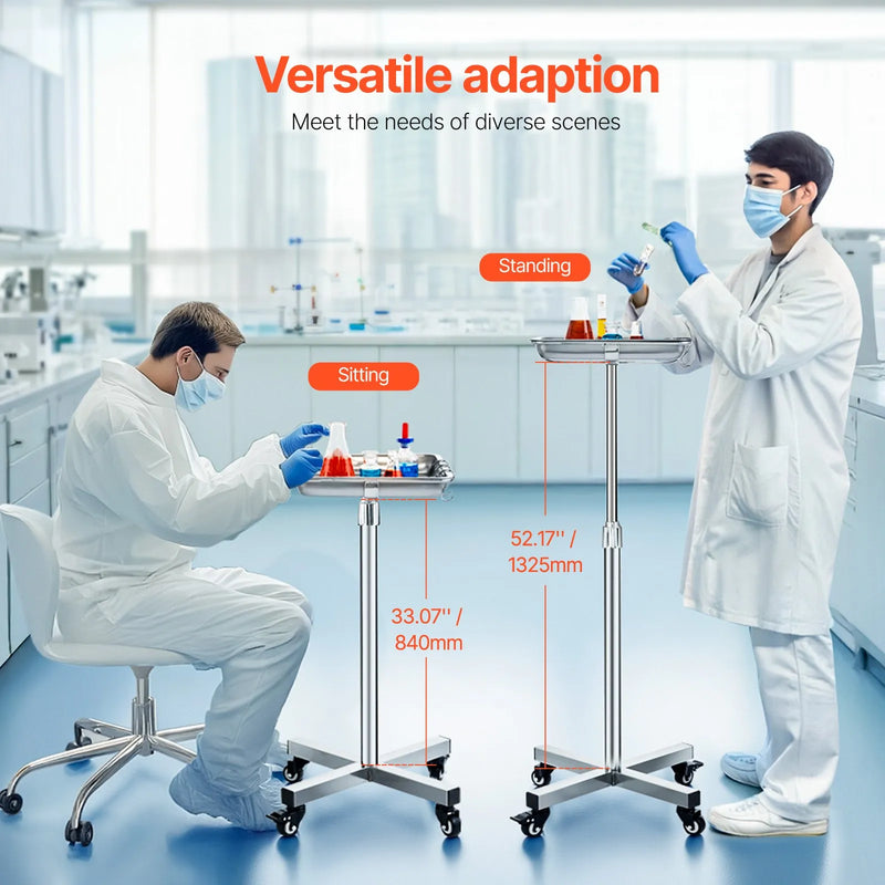 VEVOR Mayo statīvs ar noņemamu nerūsējošā tērauda paplāti un riteņiem, kravnesība 15,9 kg, regulējams augstums 640–1011 mm, SPA, saloniem, klīnikām un personīgajai aprūpei