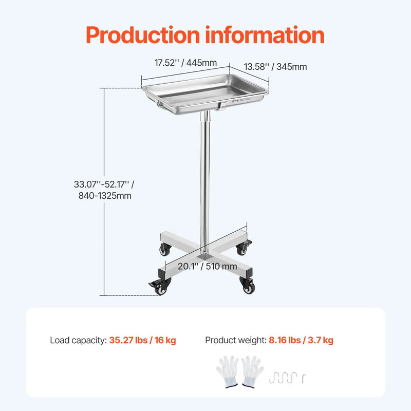 VEVOR Mayo statīvs ar noņemamu nerūsējošā tērauda paplāti un riteņiem, kravnesība 15,9 kg, regulējams augstums 640–1011 mm, SPA, saloniem, klīnikām un personīgajai aprūpei